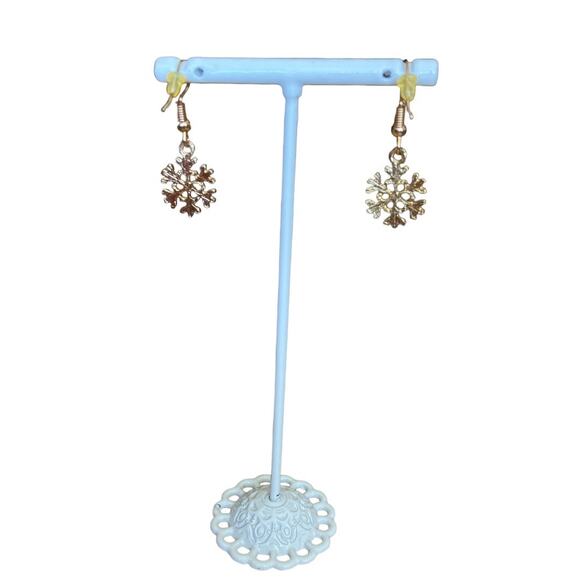 Gold and Rhinestone Snowflake Dangle Earrings - Picture 2 of 6